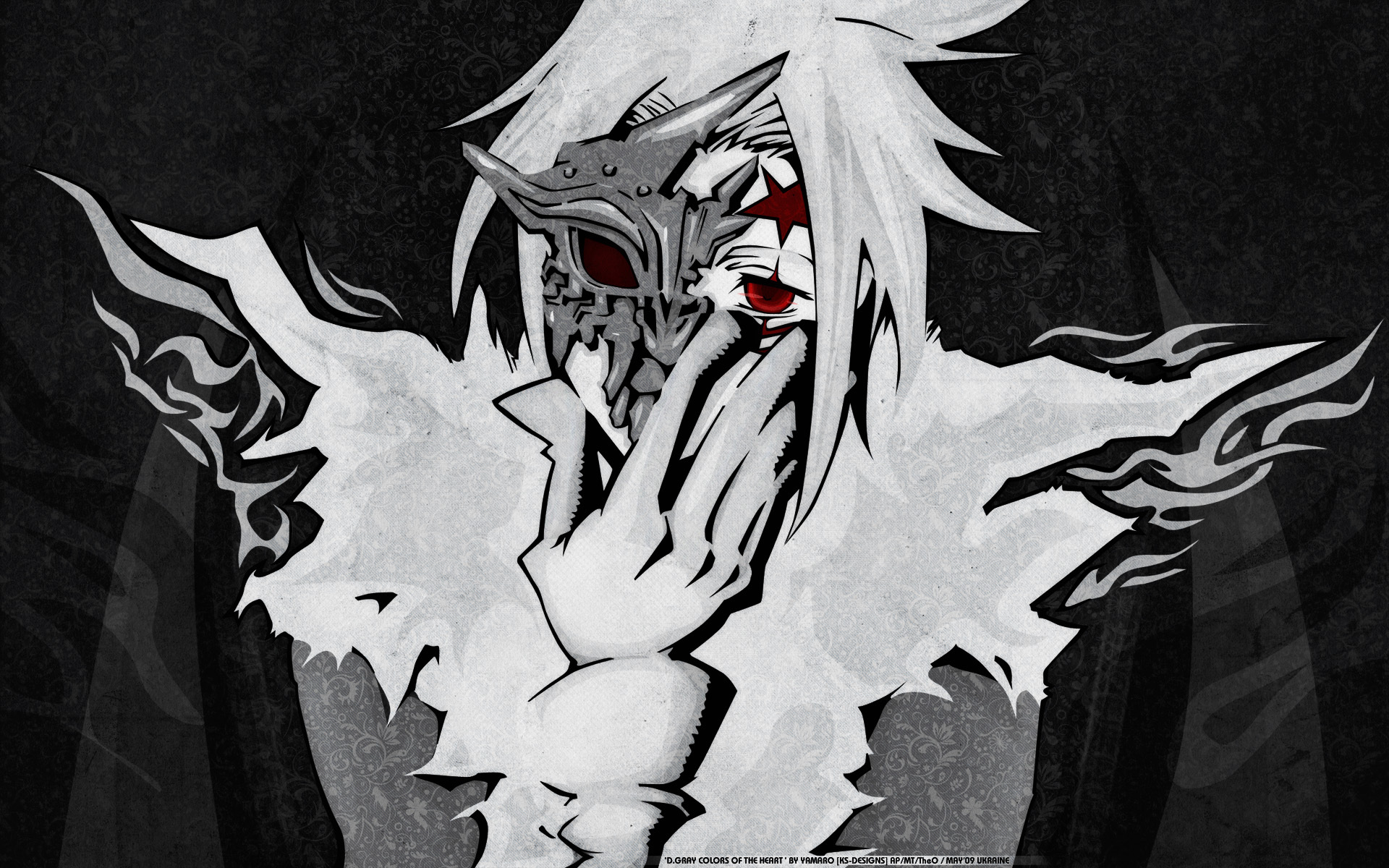 Allen Walker (D.Gray-man) HD PC wallpaper: anime black-and-white portrait with white hair, a glowing red eye and a half-demonic mask over his face, hand raised to his mouth against a dark textured backdrop.