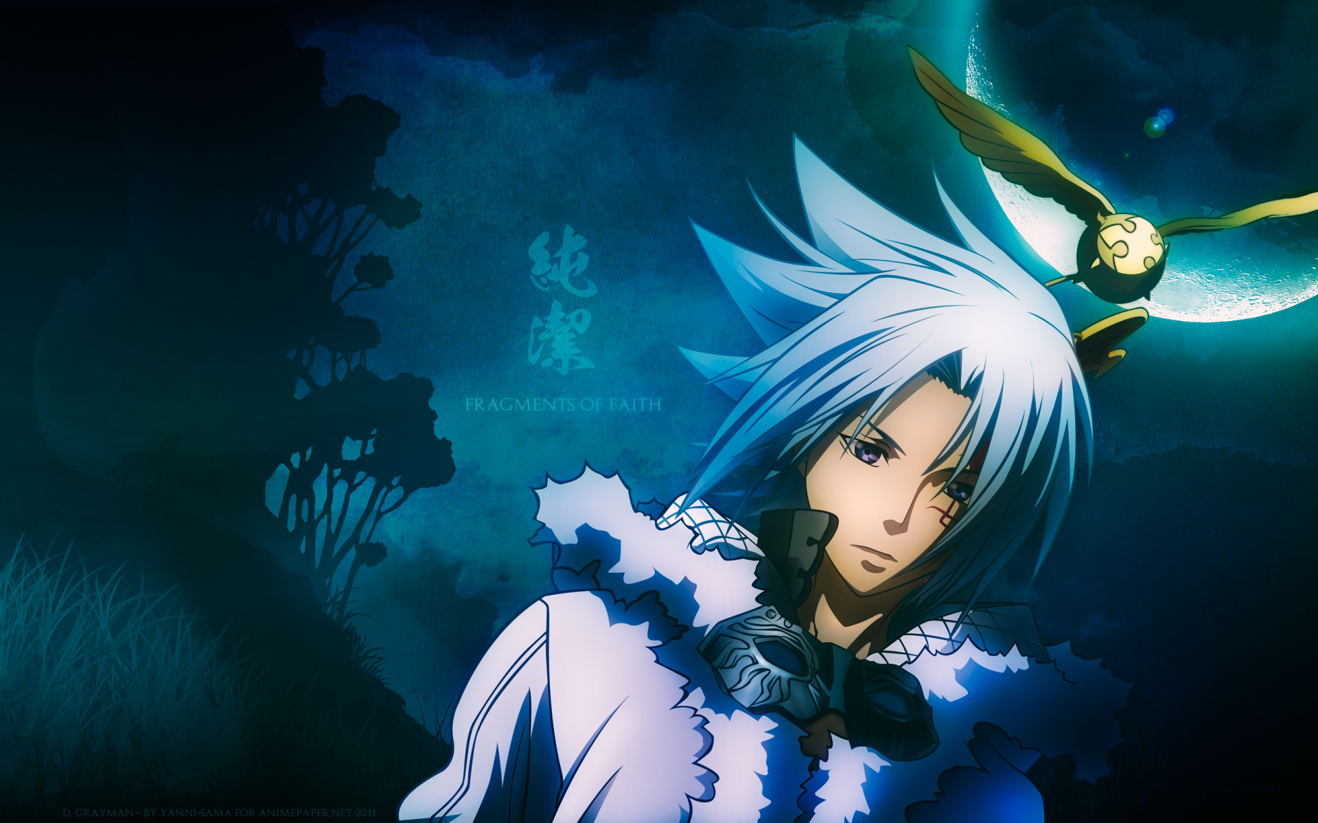 HD anime desktop wallpaper featuring Allen Walker from D.Gray-man with Timcanpy perched on his head against a dark, mysterious background.