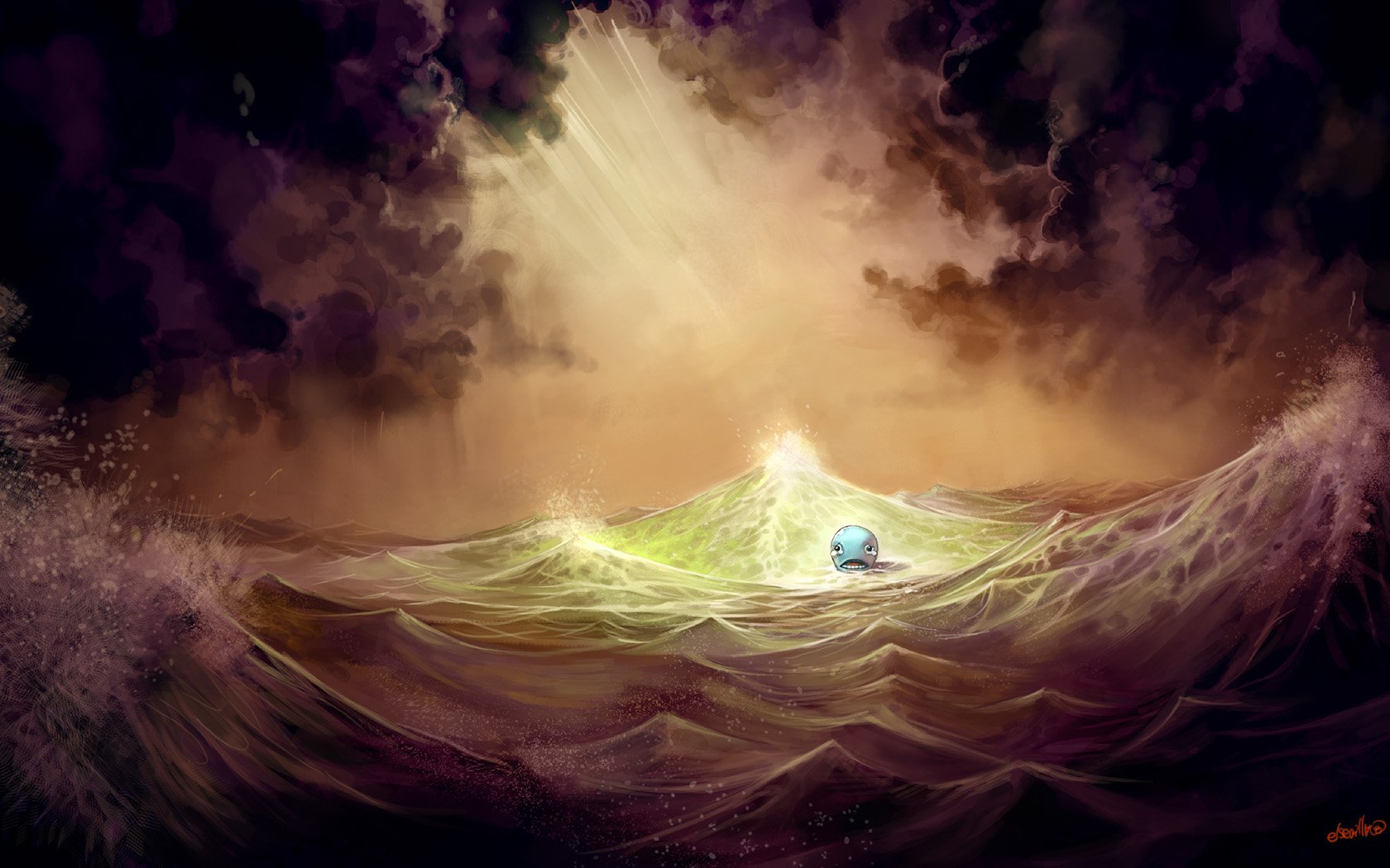 A dramatic HD anime wallpaper from One Piece, featuring a lone character on turbulent waves, illuminated by striking rays of light breaking through dark clouds.