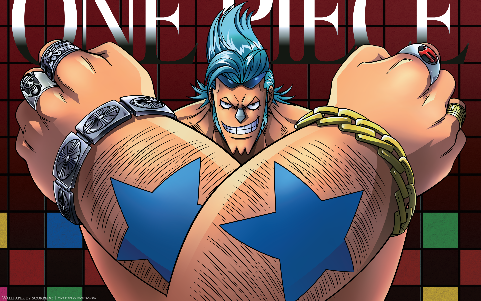 A vibrant 8K Ultra HD wallpaper featuring a character from the anime One Piece, showcasing a muscular figure with distinctive blue hair and star tattoos on his arms.