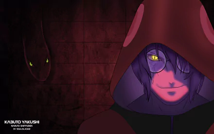 HD desktop wallpaper of Kabuto Yakushi from the anime Naruto, depicting him with a hood and glowing yellow eyes, against a dark, eerie background featuring a sinister snake.