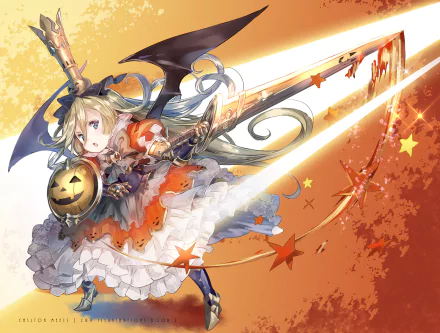 Halloween-themed HD anime wallpaper featuring Charlotta from Granblue Fantasy, dressed in festive attire with a pumpkin shield and dynamic light effects on an orange background.