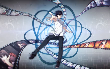An HD wallpaper featuring characters from the anime Erased, including Gaku Yashiro, Jun Shiratori, and Satoru Fujinuma, surrounded by swirling film reels and dynamic artwork.