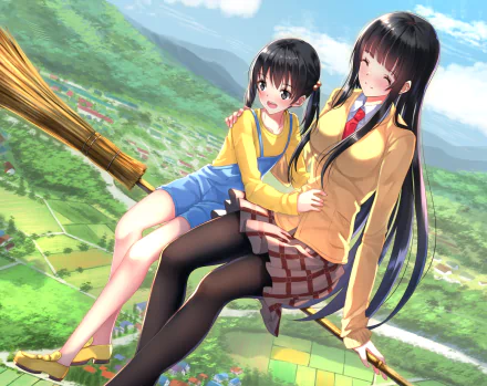 Chinatsu Kuramoto Makoto Kowata Anime Flying Witch HD Desktop Wallpaper | Background Image