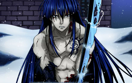 Yu Kanda from D.Gray-man stands shirtless in the snow, gripping a bloodied sword with fierce determination against a dark brick wall, anime HD desktop wallpaper.