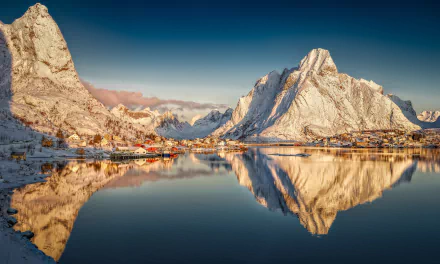 HD desktop wallpaper of Reine village in Lofoten, Norway, featuring majestic mountains and their clear reflection on calm water.