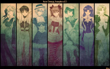A vibrant HD wallpaper featuring characters Rei Ayanami, Kaworu Nagisa, Shinji Ikari, and Asuka Langley Sohryu from the anime Neon Genesis Evangelion, displayed in stylish outfits.