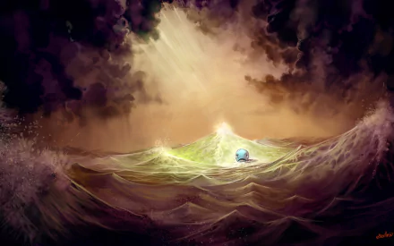 A dramatic HD anime wallpaper from One Piece, featuring a lone character on turbulent waves, illuminated by striking rays of light breaking through dark clouds.
