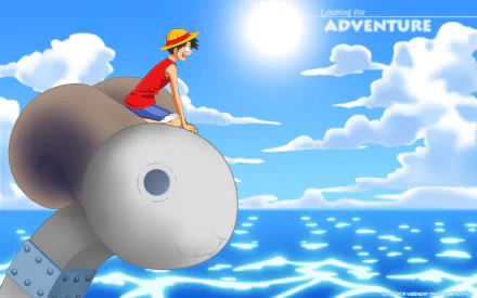 Monkey D. Luffy from One Piece sits atop the Going Merry ship's figurehead, gazing at the bright sun over a sparkling ocean in this HD anime desktop wallpaper.