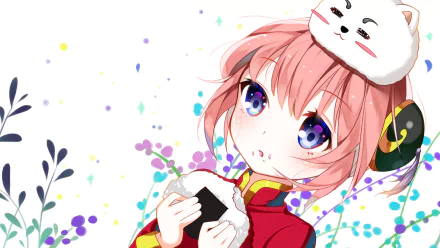 A vibrant HD desktop wallpaper featuring Sadaharu and Kagura from Gintama. Kagura holds a rice ball, surrounded by colorful flowers and a playful atmosphere.