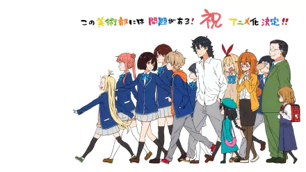 A vibrant HD wallpaper featuring characters from This Art Club Has A Problem! including Kaori Ayase, Yumeko Tachibana, and more, walking together with a colorful celebration backdrop.
