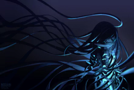 A captivating HD anime wallpaper featuring an original character shrouded in swirling dark ribbons, illuminated by striking blue hues, creating an intriguing atmosphere.