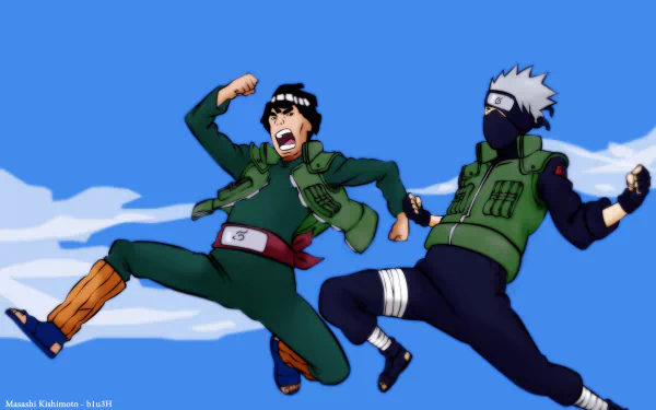 Might Guy and Kakashi Hatake from the anime Naruto are depicted in an energetic pose against a blue background, capturing their dynamic personalities in this HD desktop wallpaper.