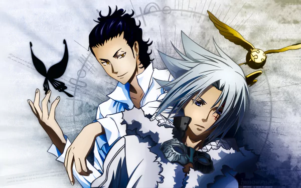 2K Quad HD PC desktop anime wallpaper: Allen Walker in white coat with a dark-haired ally, Timcanpy hovering before a faded clockwork background.