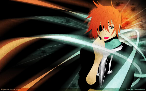 2K Quad HD PC desktop wallpaper of Lavi (D.Gray-man), an orange-haired anime character in a dynamic pose with teal and orange energy streaks across a dark background.