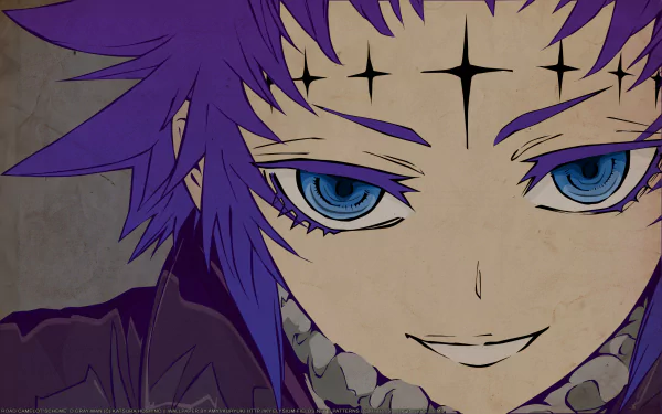 Close-up of Road Kamelot from D.Gray-man with purple hair and piercing blue eyes, smirking anime portrait — 2K Quad HD PC desktop wallpaper background.