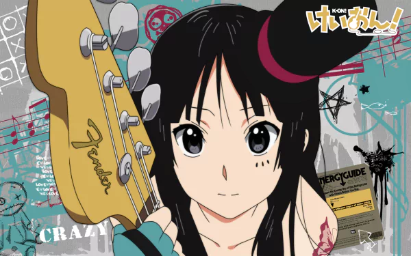 HD PC desktop wallpaper featuring Mio Akiyama from the anime K-ON!, holding a Fender guitar with playful and artistic background elements.