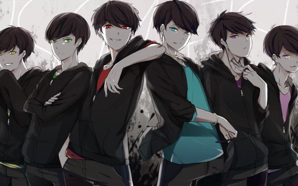 HD wallpaper featuring characters from the anime Osomatsu-san. The artwork showcases a group of stylishly dressed figures with distinct expressions and vibrant backgrounds.