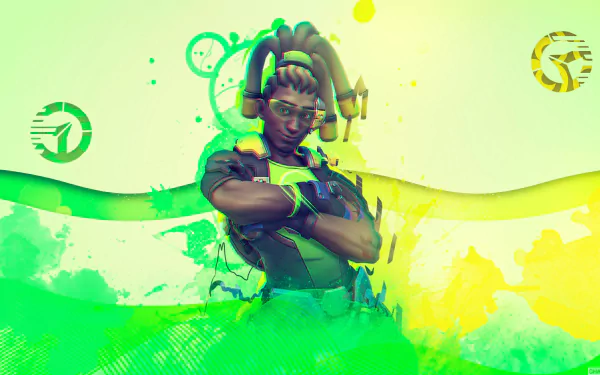 HD desktop wallpaper featuring Lúcio from Overwatch, portrayed with vibrant green and yellow hues, showcasing his energetic and dynamic character design.