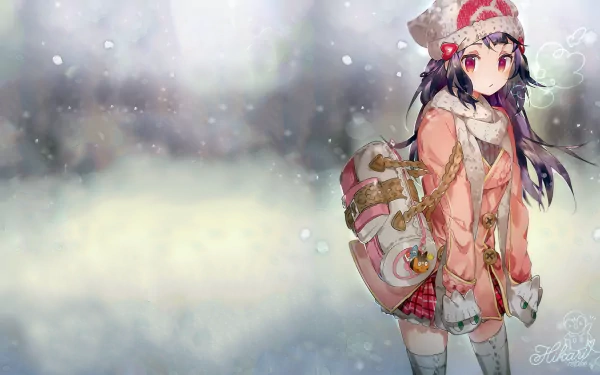A beautifully illustrated HD wallpaper featuring Dawn from Pokémon: Diamond and Pearl, set against a snowy backdrop, showcasing her winter outfit and signature backpack.