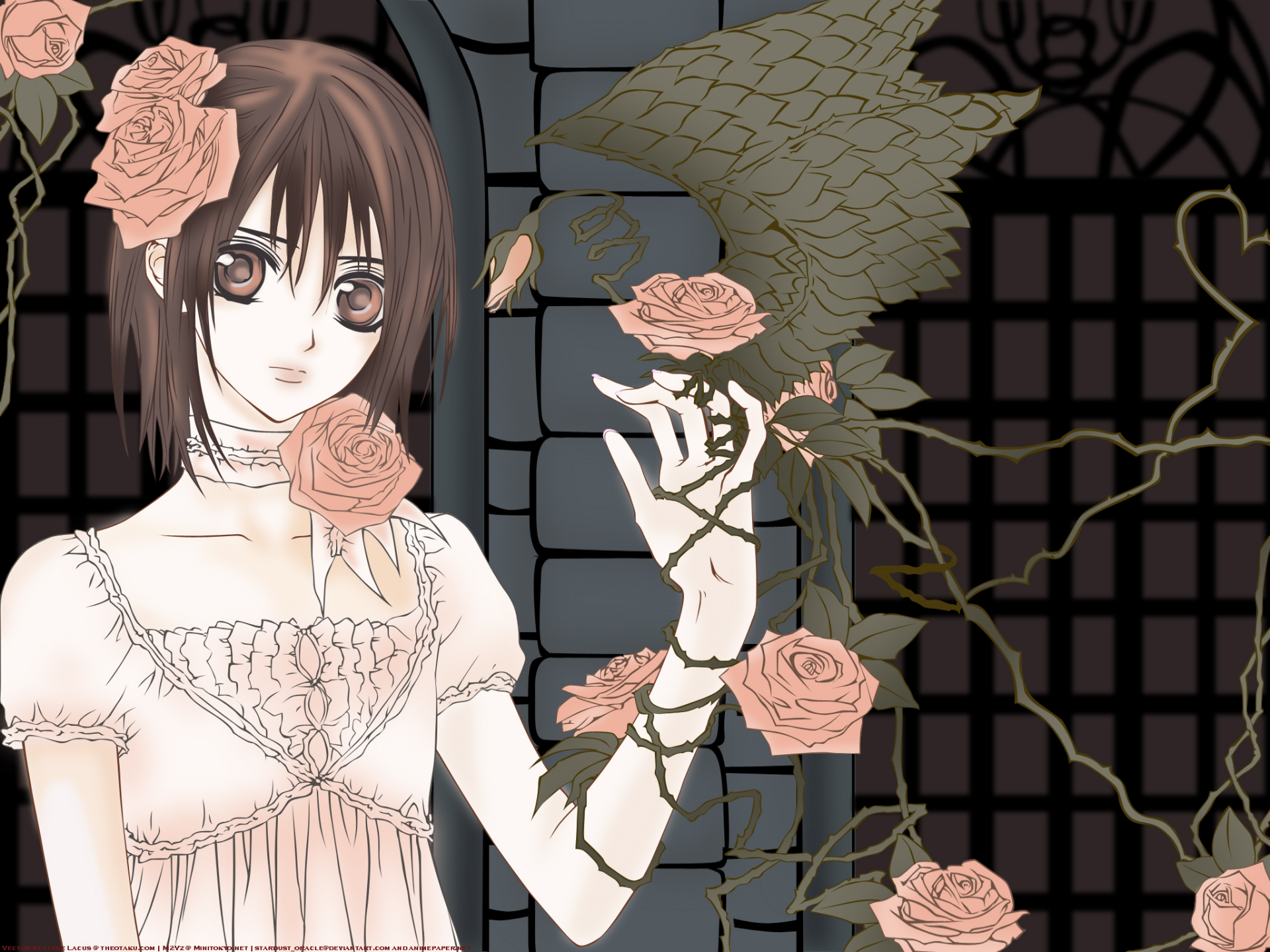 Anime-style HD desktop wallpaper of Yuki Kuran (Yuki Cross) from Vampire Knight: pale girl in lace dress entwined with blooming roses and twisting vines before a gothic windowed background.