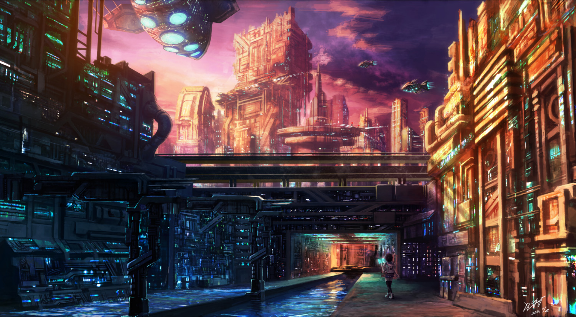 A vibrant anime sci-fi scene featuring a futuristic cityscape with towering structures, glowing lights, and flying vehicles, creating a stunning HD desktop wallpaper.