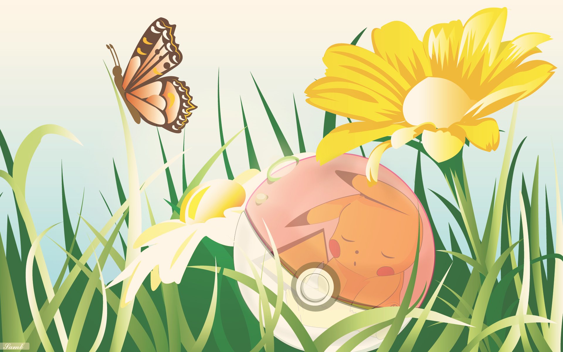 HD anime-style PC wallpaper featuring Pikachu sleeping inside a Poké Ball surrounded by grass, flowers, and a butterfly, capturing a peaceful Pokémon scene.