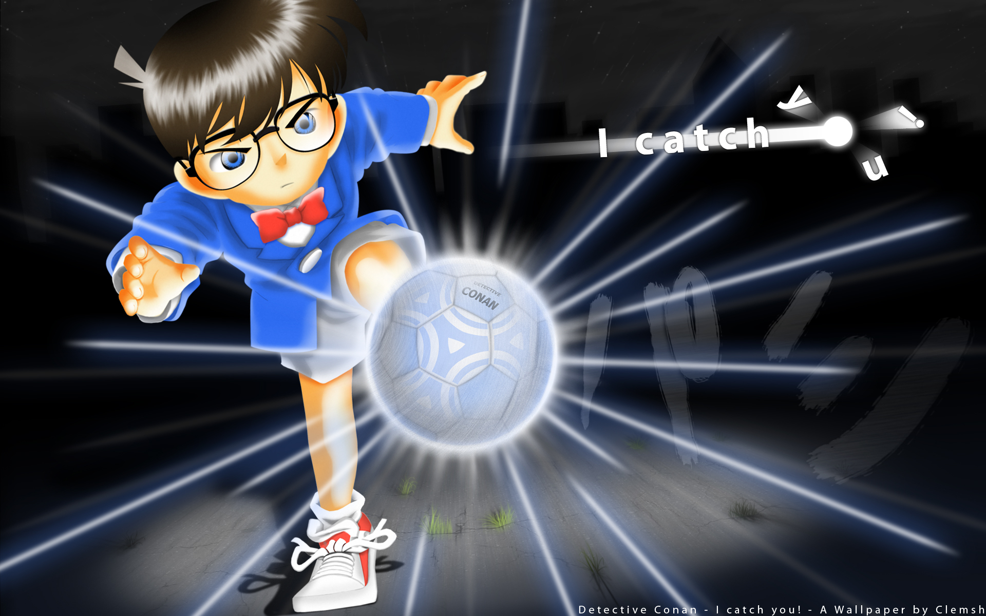 HD Anime desktop wallpaper featuring Detective Conan in action, kicking a glowing soccer ball with dynamic light effects.