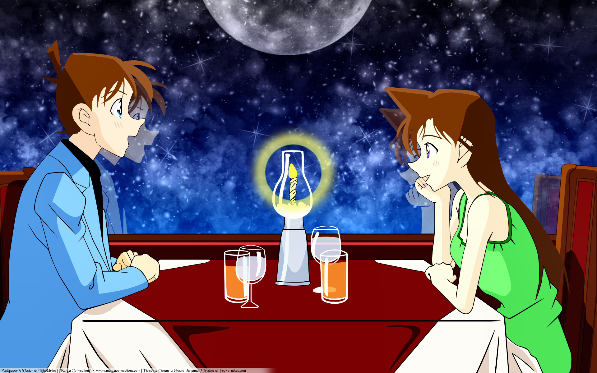 Anime-style HD Detective Conan desktop wallpaper depicting two characters sitting at a table under a starry night sky with a glowing lamp and a full moon in the background.