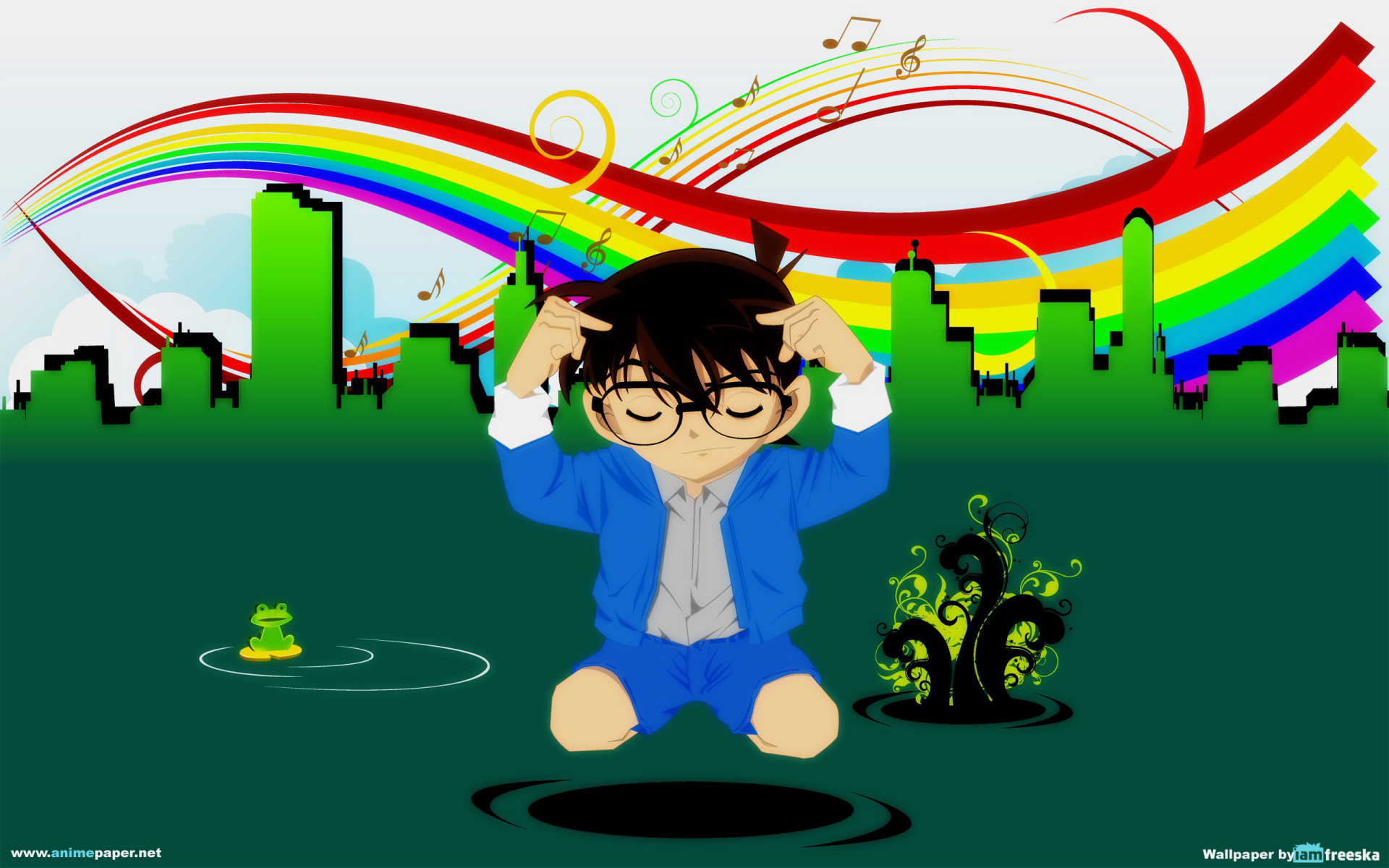 HD PC desktop wallpaper featuring anime character Detective Conan sitting with closed eyes, colorful musical notes and rainbows arching over a city skyline background.