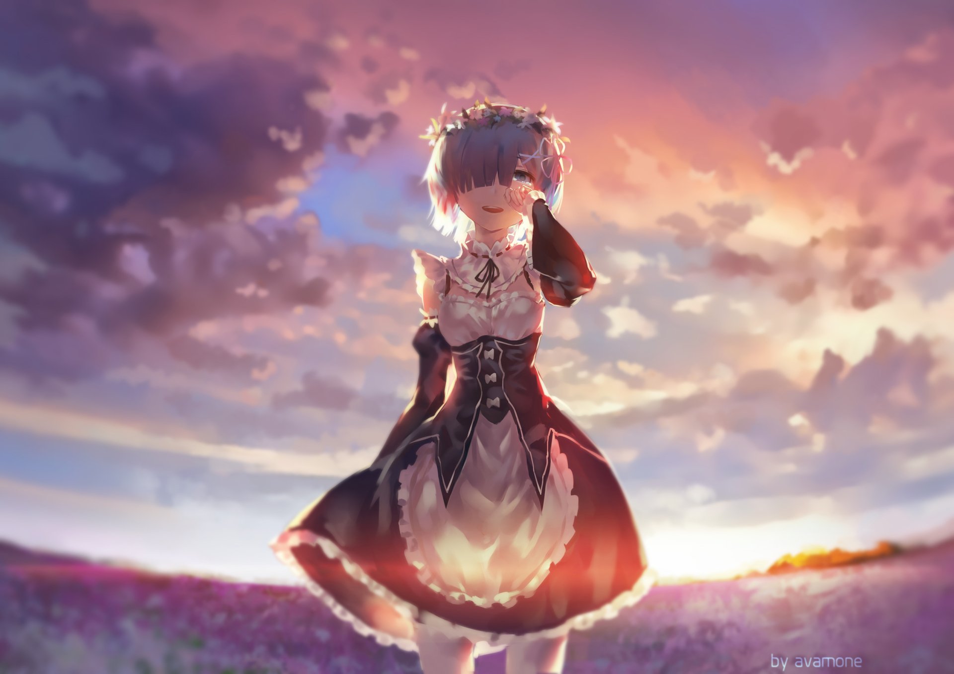 Rem from Re:Zero, in a black maid dress with thigh highs and a headband, stands in a field at sunset with tears in her blue eyes. The sky is a mix of oranges and purples. This HD image is a wallpaper.