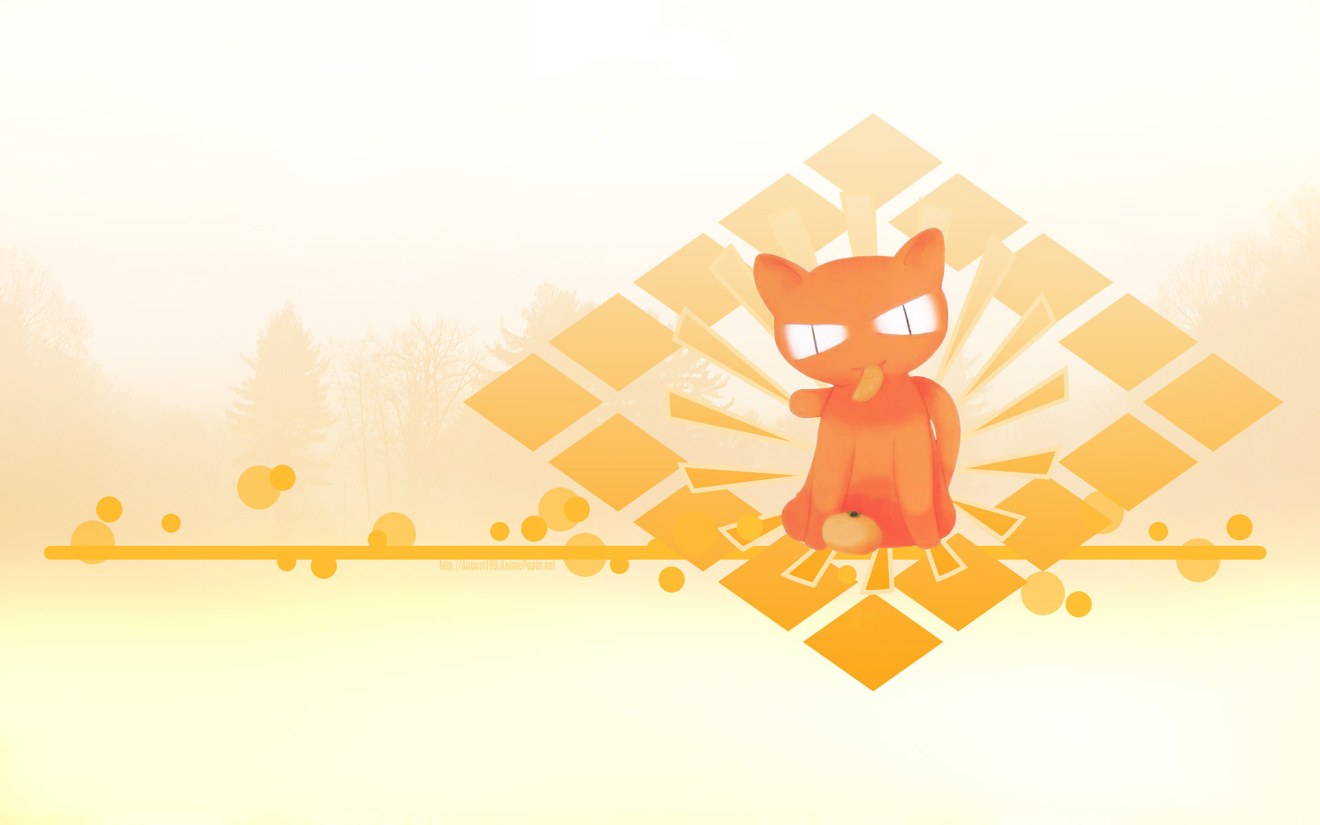 HD PC desktop wallpaper of Kyo Sohma's anime cat from Fruits Basket: stylized orange cat with mask-like face over a warm geometric background.