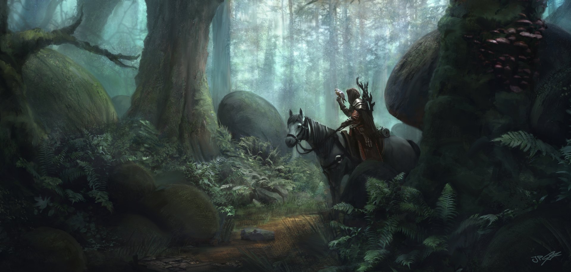 A fantasy warrior on horseback rides through a misty forest filled with ferns and towering trees, rendered in stunning 4K Ultra HD detail.
