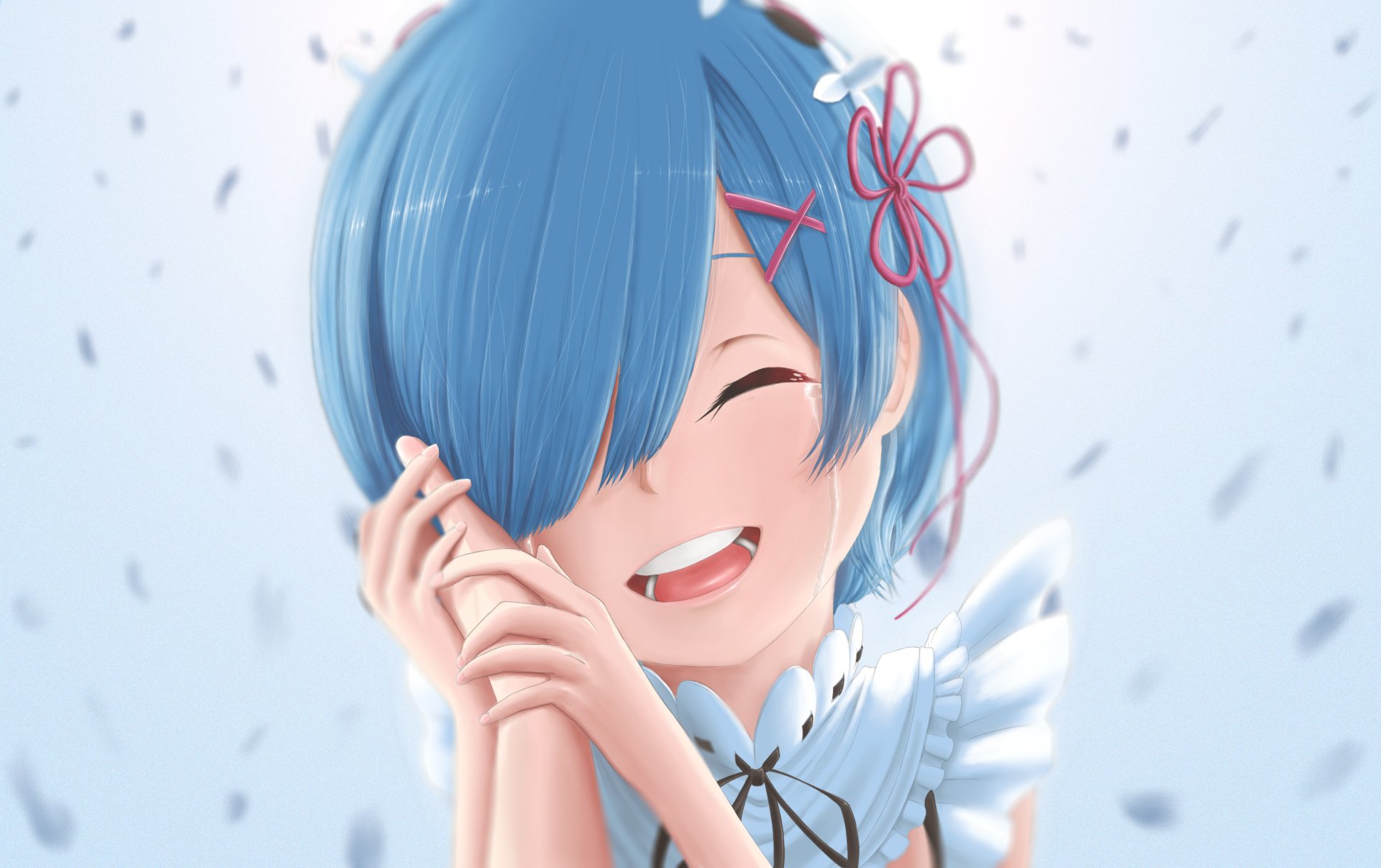 A vibrant HD wallpaper featuring Rem from Re:ZERO - Starting Life in Another World, smiling joyfully amidst a backdrop of floating petals.