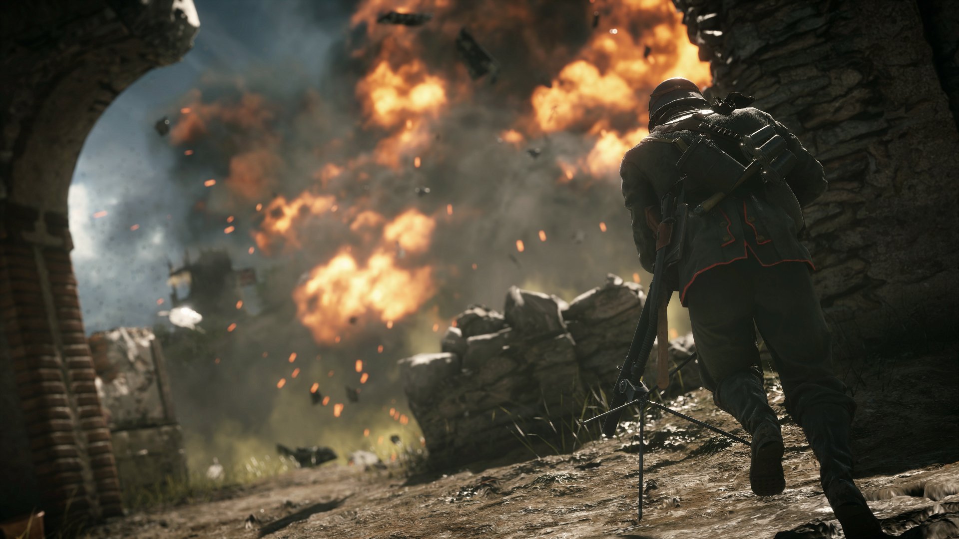 A soldier engages in battle amidst an explosion in this intense Battlefield 1 scene, showcasing stunning 4K Ultra HD graphics for a captivating desktop wallpaper.