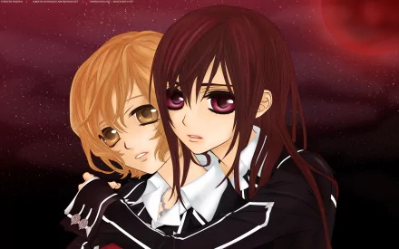 A captivating HD anime wallpaper featuring Sayori Wakaba and Yuki Kuran from Vampire Knight, sharing a warm hug against a night sky backdrop.