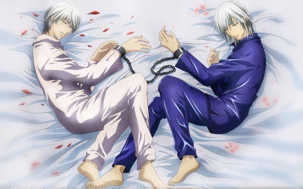 HD anime wallpaper featuring Ichiru Kiryu and Zero Kiryu from Vampire Knight sleeping side by side, connected by a chain with scattered petals around them.