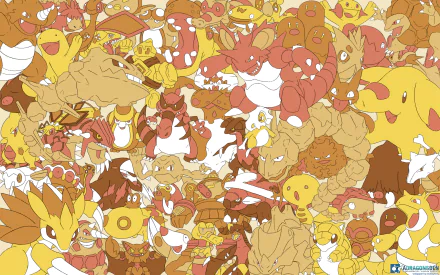 HD anime-style PC desktop wallpaper featuring a dense, vibrant collage of various yellow and brown Pokémon characters in a dynamic, energetic composition.