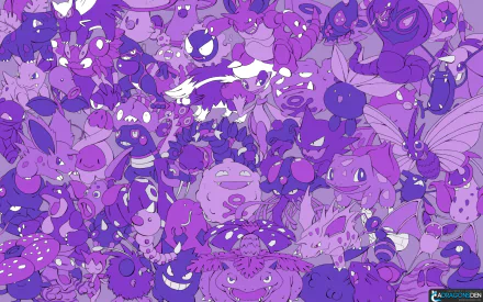 HD PC desktop wallpaper featuring a vibrant collage of various Pokémon characters in a dynamic anime-inspired purple palette.