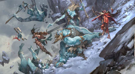 A giant blue woman warrior battles multiple foes in a snowy, rocky landscape, depicted in a detailed Magic: The Gathering HD desktop wallpaper.