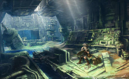 A vibrant anime scene depicting a character amidst the ruins of a lost civilization, illuminated by rays of light filtering through the shattered structure. HD desktop wallpaper.