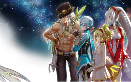 Anime-inspired image from Tales of Zestiria the X, featuring four characters against a cosmic backdrop. A vibrant HD wallpaper for fans of the series.