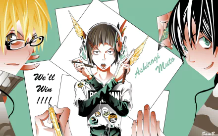 HD PC wallpaper of Bakuman anime showing Moritaka Mashiro, Eiji Niizuma and Akito Takagi gathered around a sketch, vibrant manga-style characters and colorful background.