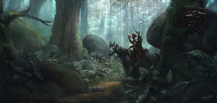 A fantasy warrior on horseback rides through a misty forest filled with ferns and towering trees, rendered in stunning 4K Ultra HD detail.
