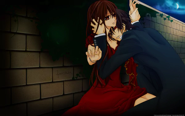 Kaname Kuran embracing Yuki Cross at night, with Yuki in a flowing red dress, from the anime Vampire Knight, shown in this HD PC desktop wallpaper.