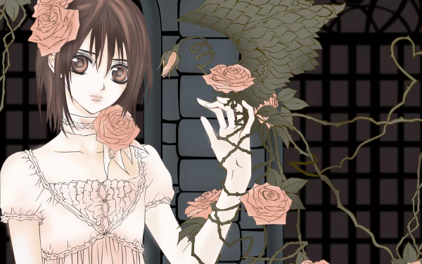 Anime-style HD desktop wallpaper of Yuki Kuran (Yuki Cross) from Vampire Knight: pale girl in lace dress entwined with blooming roses and twisting vines before a gothic windowed background.