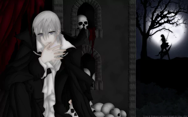 HD PC wallpaper featuring Yuki Kuran and Zero Kiryu from Vampire Knight, with dark tones, grey eyes, skulls, and a silhouetted figure against a full moon in a dark anime style.