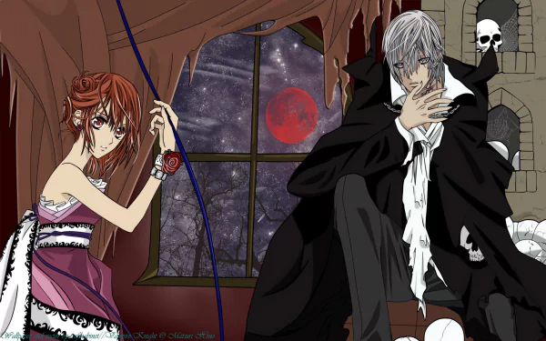 HD PC wallpaper featuring Zero Kiryu and Yuki Kuran from the anime Vampire Knight, with a skull motif and a red moon visible through a gothic window.