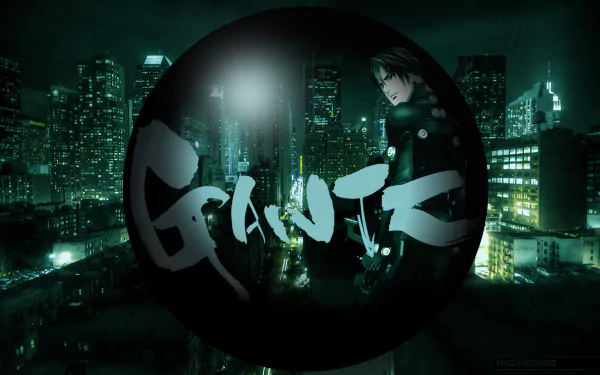 HD PC desktop wallpaper featuring a dark, futuristic cityscape from the anime Gantz, with the show's logo prominently displayed inside a glowing orb.
