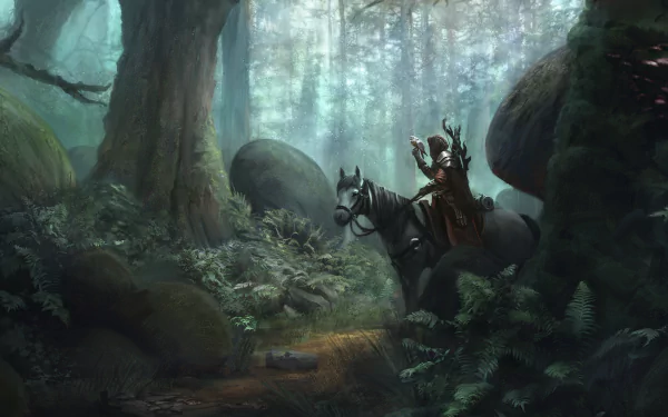 A fantasy warrior on horseback rides through a misty forest filled with ferns and towering trees, rendered in stunning 4K Ultra HD detail.